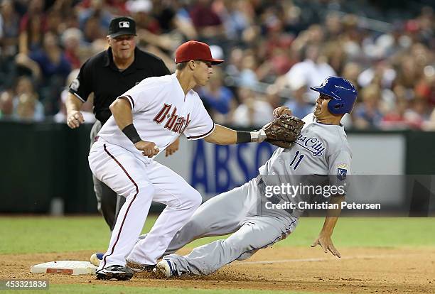 Jeremy Guthrie of the Kansas City Royals safely slides into third base ahead of the tag from infielder Jake Lamb of the Arizona Diamondbacks during...