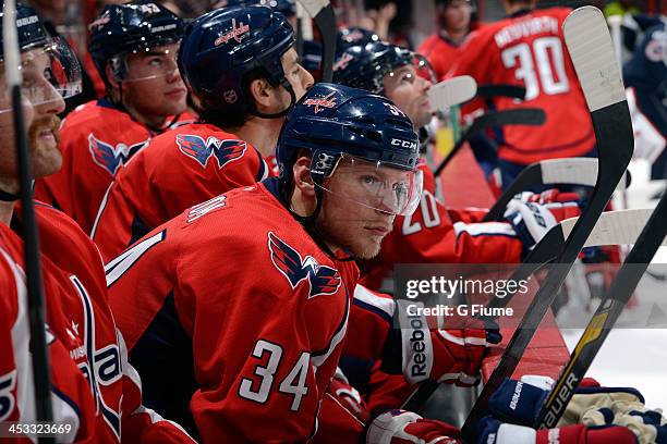 Alexander Urbom of the Washington Capitals sits on the bench during the game against the Florida Panthers at the Verizon Center on November 2, 2013...