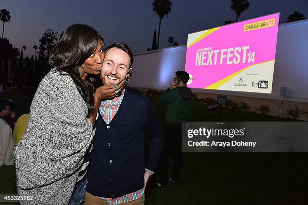 Shondrella Avery and Aaron Ruell attend the Sundance NEXT FEST screening of "Napoleon Dynamite" at Hollywood Forever on August 7, 2014 in Hollywood,...