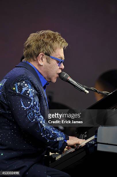 Elton John performs live during the Music Festival des Vieilles Charrues on July 18, 2014 in Carhaix, France.