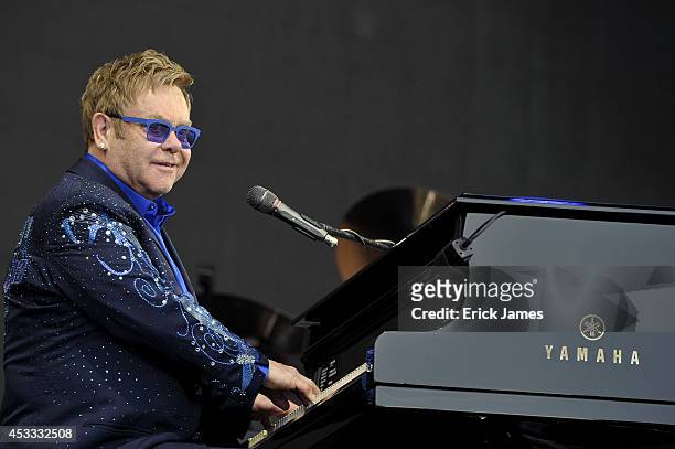 Elton John performs live during the Music Festival des Vieilles Charrues on July 18, 2014 in Carhaix, France.