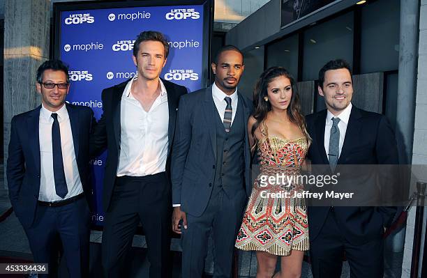 Director Luke Greenfield, actors James D'Arcy, Damon Wayans, Jr., Nina Dobrev and Jake Johnson attend the 'Let's Be Cops' Los Angeles Premiere held...