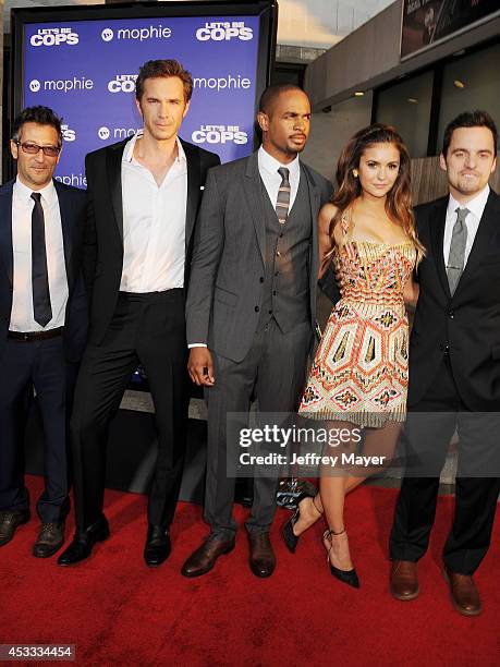 Director Luke Greenfield, actors James D'Arcy, Damon Wayans, Jr., Nina Dobrev and Jake Johnson attend the 'Let's Be Cops' Los Angeles Premiere held...