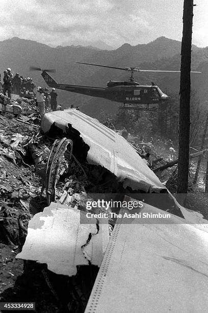 Members of Japan Ground Self-Defense Force continue the body recovery operation at the crash site at the ridge of Mount Osutaka on August 14, 1985 in...