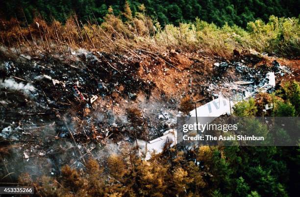 In this aerial image, A primary wing of JAL 123 is seen at the ridge of Mount Osutaka on August 13, 1985 in Ueno, Gunma, Japan. Japan Airlines flight...