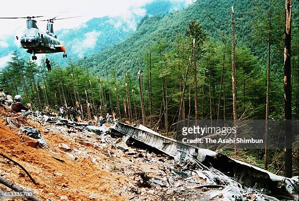 Members of the Japan Ground Self-Defense Force in a rescue operation at the crash site at the ridge of Mount Osutaka on August 13, 1985 in Ueno,...
