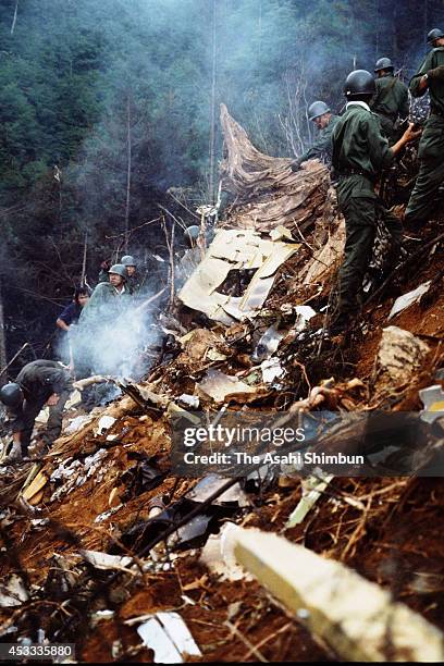 Members of the Japan Ground Self-Defense Force in a rescue operation at the crash site at the ridge of Mount Osutaka on August 13, 1985 in Ueno,...