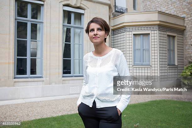 French politician and Minister of Women's Rights, city, youth and sport, Najat Vallaud-Belkacem is photographed for Paris Match on August 1, 2014 in...