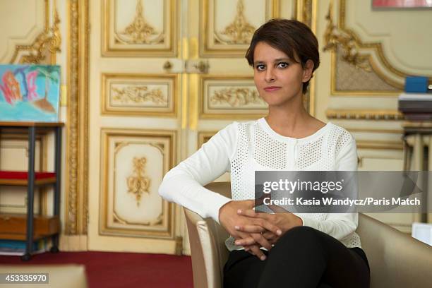 French politician and Minister of Women's Rights, city, youth and sport, Najat Vallaud-Belkacem is photographed for Paris Match on August 1, 2014 in...