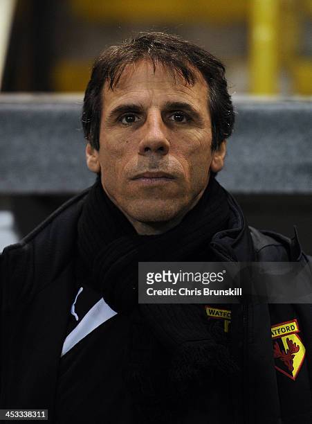 Watford manager Gianfranco Zola looks on during the Sky Bet Championship match between Burnley and Watford at Turf Moor on December 03, 2013 in...