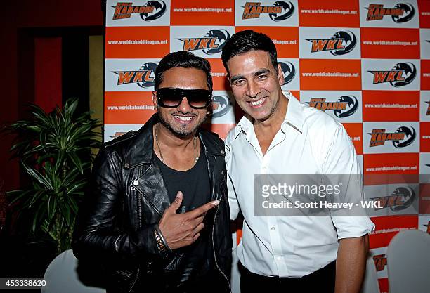 Yo Yo Tigers owner Honey Singh with Khalsa Warriors co-owner Akshay Kumar during the World Kabaddi League Press Conference on August 8, 2014 in...