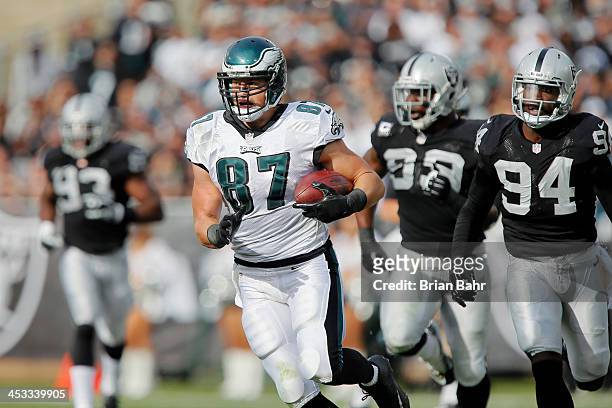 Tight end Brent Celek of the Philadelphia Eagles runs with a catch for 24-yards against the Oakland Raiders in the second quarter on November 3, 2013...