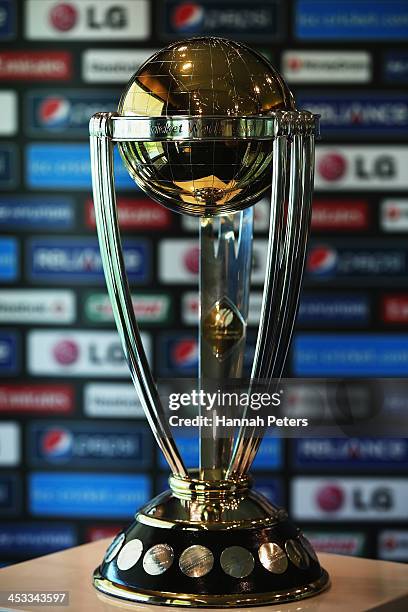 The Cricket World Cup trophy is displayed during the ICC Cricket World Cup Qualifier 2014 Media Launch at University Oval on December 4, 2013 in...