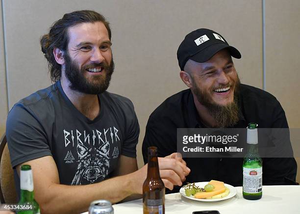 Actors Clive Standen and Travis Fimmel attend a media room for the History series "Vikings" during Comic-Con International 2014 at the Hilton San...