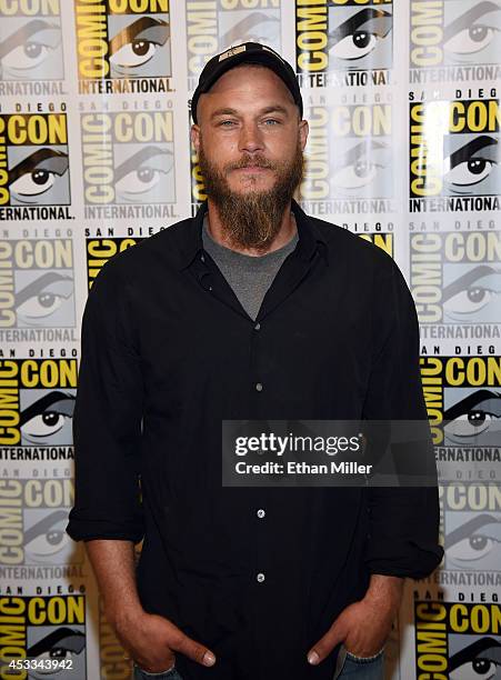 Actor Travis Fimmel attends a media room for the History series "Vikings" during Comic-Con International 2014 at the Hilton San Diego Bayfront hotel...