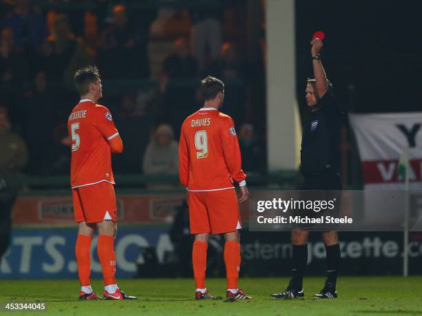 Gary Mackenzie of Blackpool is the third Blackpool player to sent off by referee Christopher Sarginson during the Sky Bet Championship match between...