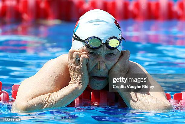 Ada Lou Watson of Canada competes in the Women's 100m Backstroke during the 15th FINA World Masters Championships at Parc Jean-Drapeau on August 8,...