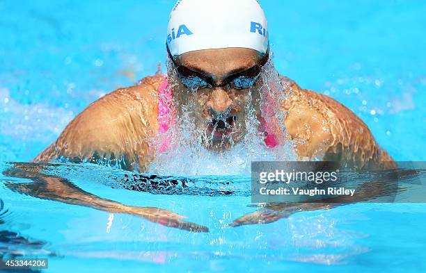 Natalia Vinokurenkova of Russia competes in the Women's 200m Breaststroke during the 15th FINA World Masters Championships at Parc Jean-Drapeau on...