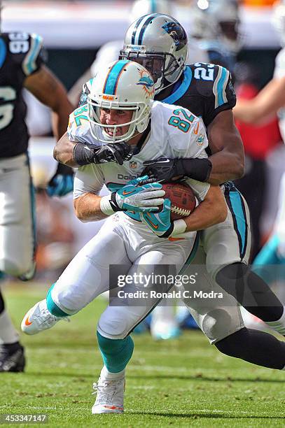 Wide receiver Brian Hartline of the Miami Dolphins catches a pass and is tackled by cornerback Melvin White of the Carolina Panthers during a NFL...