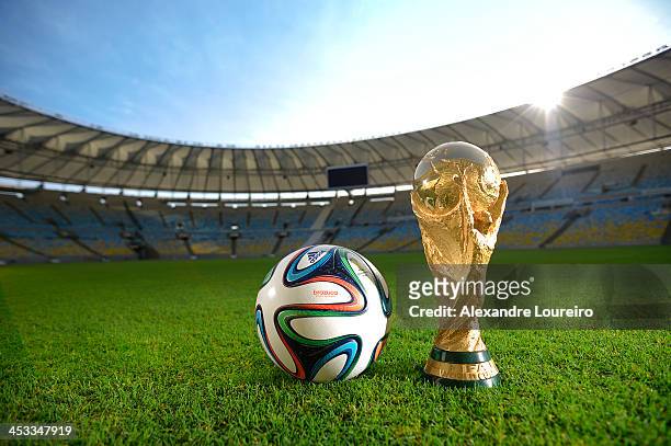 General view of Brazuca and the FIFA World Cup Trophy at the Maracana before the adidas Brazuca launch at Parque Lage on December 3, 2013 in Rio de...