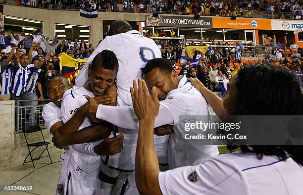 Carlo Costly of Honduras reacts after scoring his second goal against Ecuador with Wilson Palacios, Maynor Figueroa, Jerry Palacios, Víctor Bernárdez...