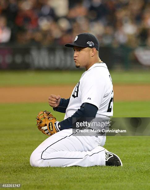 Miguel Cabrera of the Detroit Tigers reacts to a play during Game Four of the American League Championship Series against the Boston Red Sox at...
