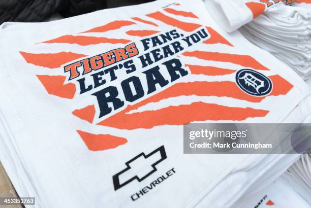 Detailed view of a rally towel handed out to fans prior to Game Four of the American League Championship Series between the Detroit Tigers and the...
