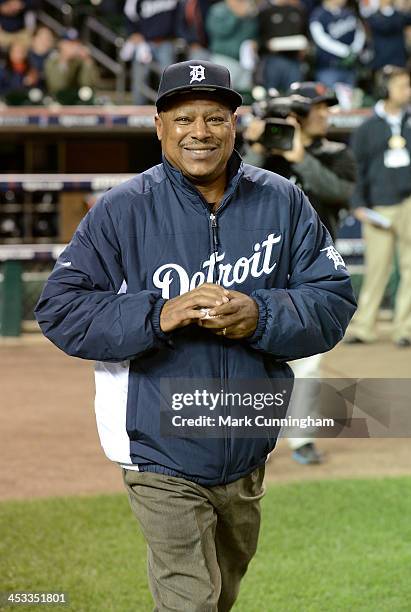 Former Detroit Tigers second baseman Lou Whitaker looks on before throwing out the ceremonial first pitch prior to Game Four of the American League...