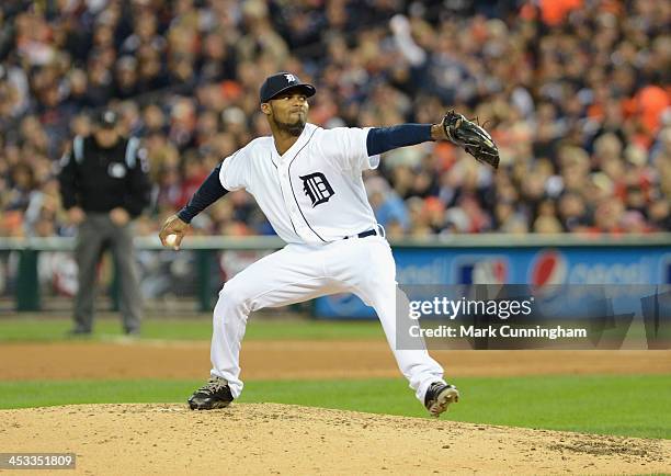 Al Alburquerque of the Detroit Tigers pitches during Game Four of the American League Championship Series against the Boston Red Sox at Comerica Park...