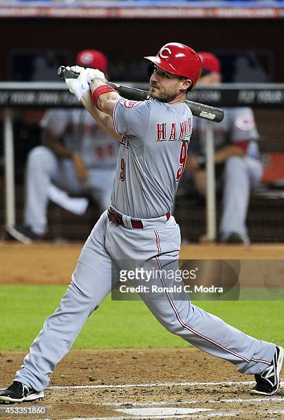 Jack Hannahan of the Cincinnati Reds bats during a MLB game against the Miami Marlins at Marlins Park on July 31, 2014 in Miami, Florida.