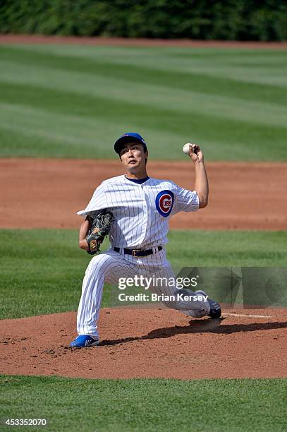 Starting pitcher Tsuyoshi Wada of the Chicago Cubs delivers a pitch during the second inning against the Tampa Bay Rays at Wrigley Field on August 8,...