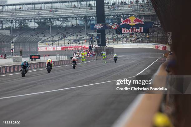 Marc Marquez of Spain and Repsol Honda Team practices during the MotoGP Free Practice 1 at Indianapolis Motor Speedway on August 8, 2014 in...