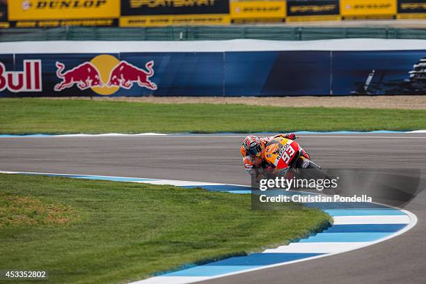 Marc Marquez of Spain and Repsol Honda Team practices during the MotoGP Free Practice 1 at Indianapolis Motor Speedway on August 8, 2014 in...