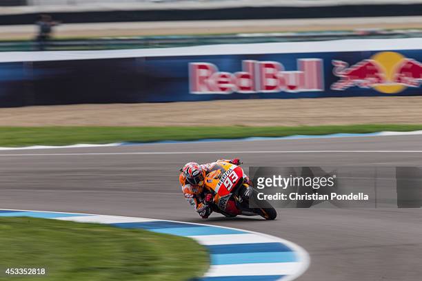 Marc Marquez of Spain and Repsol Honda Team practices during the MotoGP Free Practice 1 at Indianapolis Motor Speedway on August 8, 2014 in...