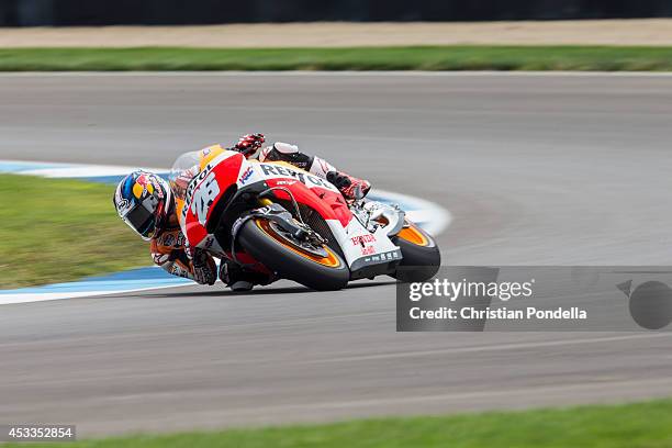 Dani Pedrosa of Spain and Repsol Honda Team practices during the MotoGP Free Practice 2 at Indianapolis Motor Speedway on August 8, 2014 in...