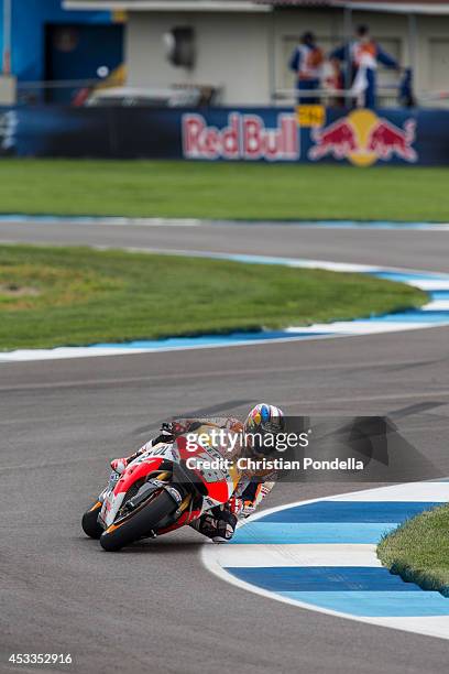 Dani Pedrosa of Spain and Repsol Honda Team practices during the MotoGP Free Practice 1 at Indianapolis Motor Speedway on August 8, 2014 in...