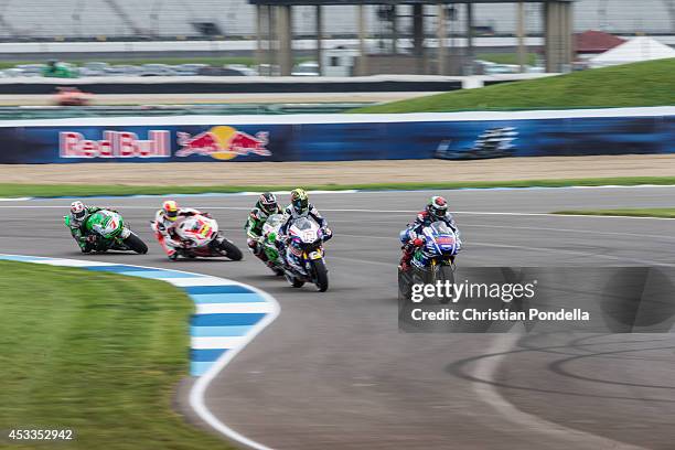 Jorge Lorenzo of Spain and Movistar Yamaha MotoGP Team practices during the MotoGP Free Practice 1 at Indianapolis Motor Speedway on August 8, 2014...