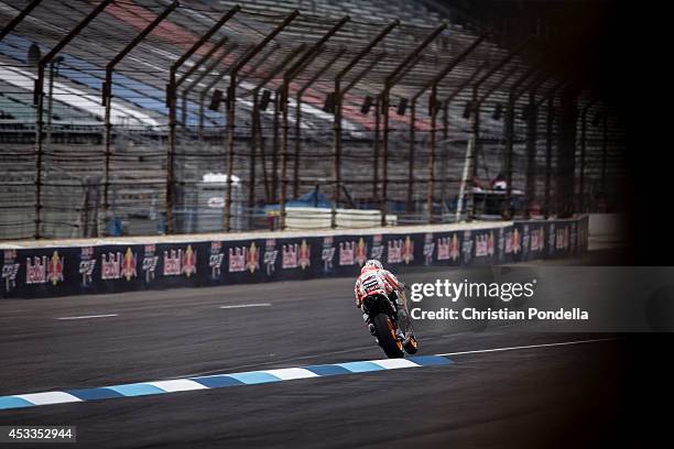 Dani Pedrosa of Spain and Repsol Honda Team practices during the MotoGP Free Practice 1 at Indianapolis Motor Speedway on August 8, 2014 in...