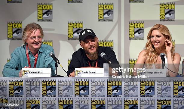 Writer/producer Michael Hirst, actor Travis Fimmel and actress Katheryn Winnick attend a panel for the History series "Vikings" during Comic-Con...