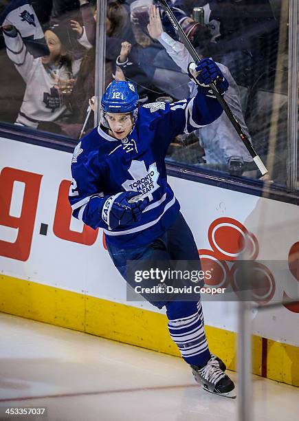 Toronto Maple Leafs left wing Mason Raymond celebrate scoring the Leafs 1st goal of the game as theToronto Maple Leafs take on the San Jose Sharks at...