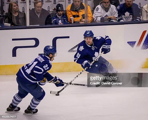 Toronto Maple Leafs right wing Phil Kessel oos to pas the puck as the Toronto Maple Leafs take on the San Jose Sharks at the Air Canada Centre in...