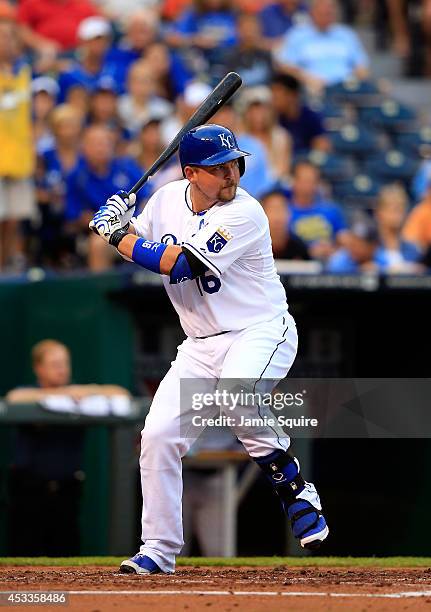 Billy Butler of the Kansas City Royals bats during the 1st inning of the game against the San Francisco Giants at Kauffman Stadium on August 8, 2014...