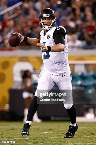 Blake Bortles of the Jacksonville Jaguars sets to throw during the first half of the preseason game against the Tampa Bay Buccaneers at Everbank...