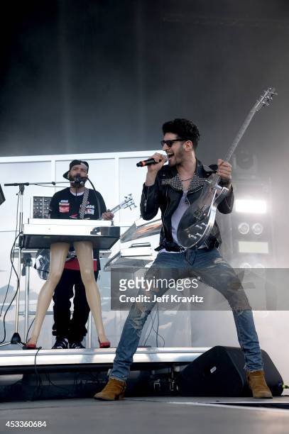 Musicians P-Thugg and Dave 1 of Chromeo perform at the Lands End Stage during day 1 of the 2014 Outside Lands Music and Arts Festival at Golden Gate...