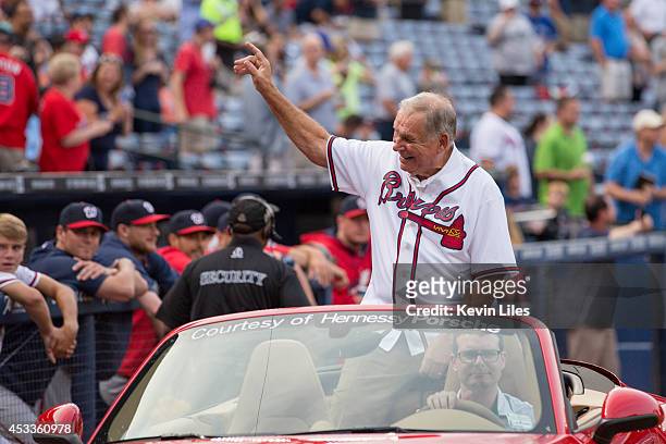 Newly inducted MLB Hall of Fame inductee and former Braves manager Bobby Cox during a ceremony honoring many Braves alumni players prior the game...