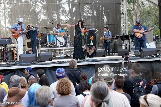 Musicians Tim Bluhm, Dave Mulligan, Mike Curry, Nicki Bluhm, Steve Adams, and Deren Ney of Nicki Bluhm and the Gramblers perform at the Sutro Stage...