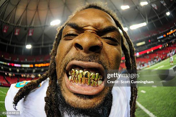 Louis Delmas of the Miami Dolphins poses for a photo after a preseason game against the Atlanta Falcons at the Georgia Dome on August 8, 2014 in...