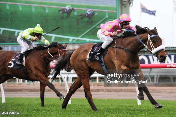 Regan Bayliss riding Kenjorwood wins Race 2, the Betty Moran & Gregory Nugent Handicap during Melbourne Racing at Flemington Racecourse on August 9,...