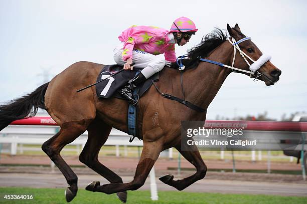 Regan Bayliss riding Kenjorwood wins Race 2, the Betty Moran & Gregory Nugent Handicap during Melbourne Racing at Flemington Racecourse on August 9,...