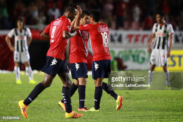 Players of Veracruz celebrate the first goal of his team during a match between Tiburones Rojos and Rayados de Monterrey as part of 4th round...